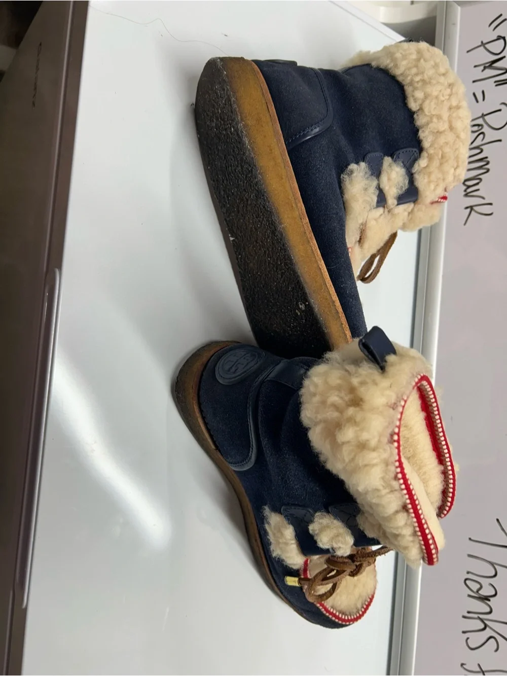 Vintage Tory Burch Shearling-Trim Navy Winter Boots with Red Trim